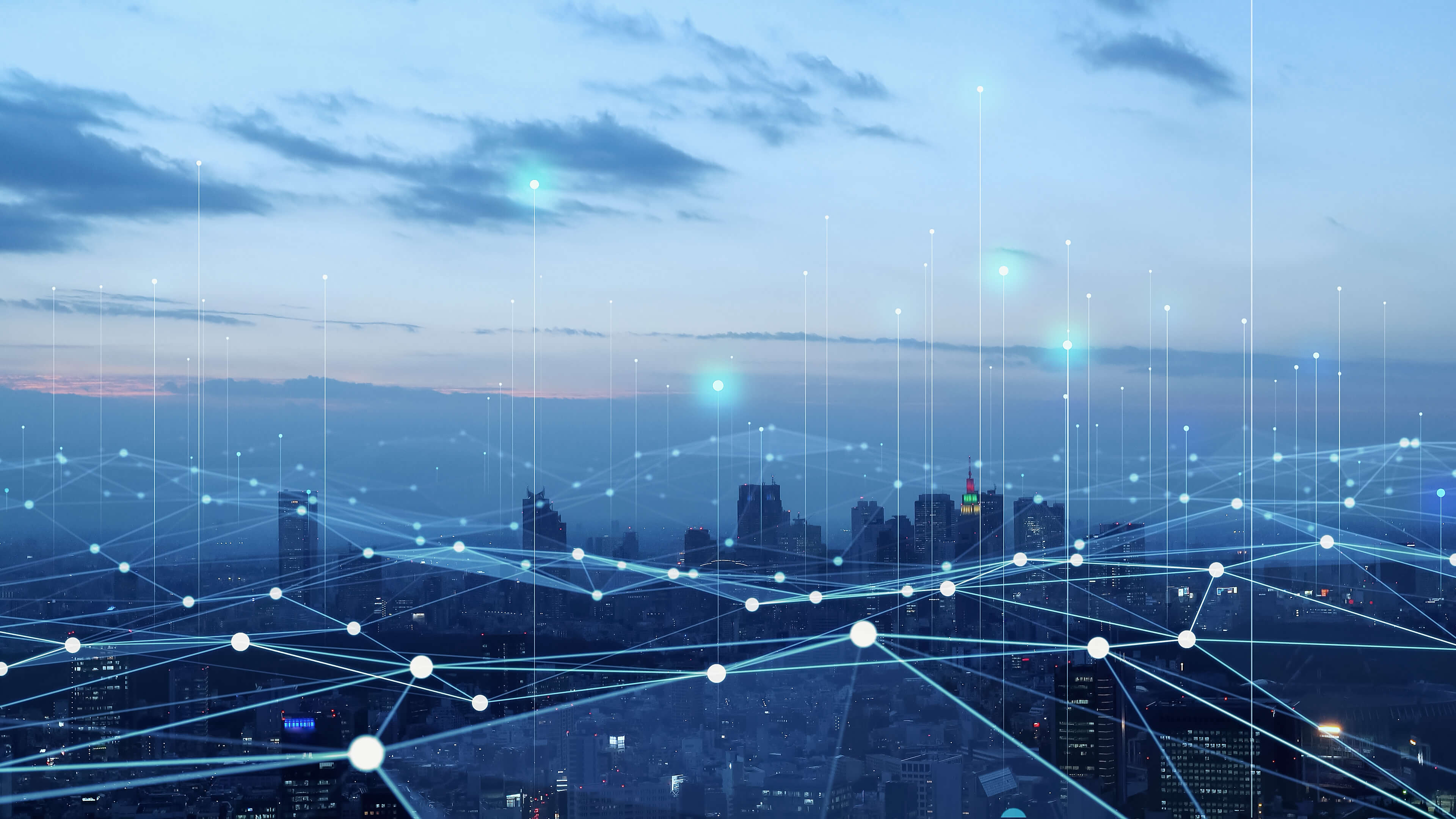 A net of lights spanning over a city, symbolising the digital connection